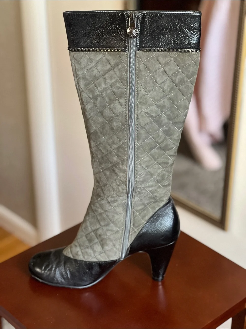 Taryn Rose Quilted Gray Suede and Black Leather Over-the-Knee Boots
